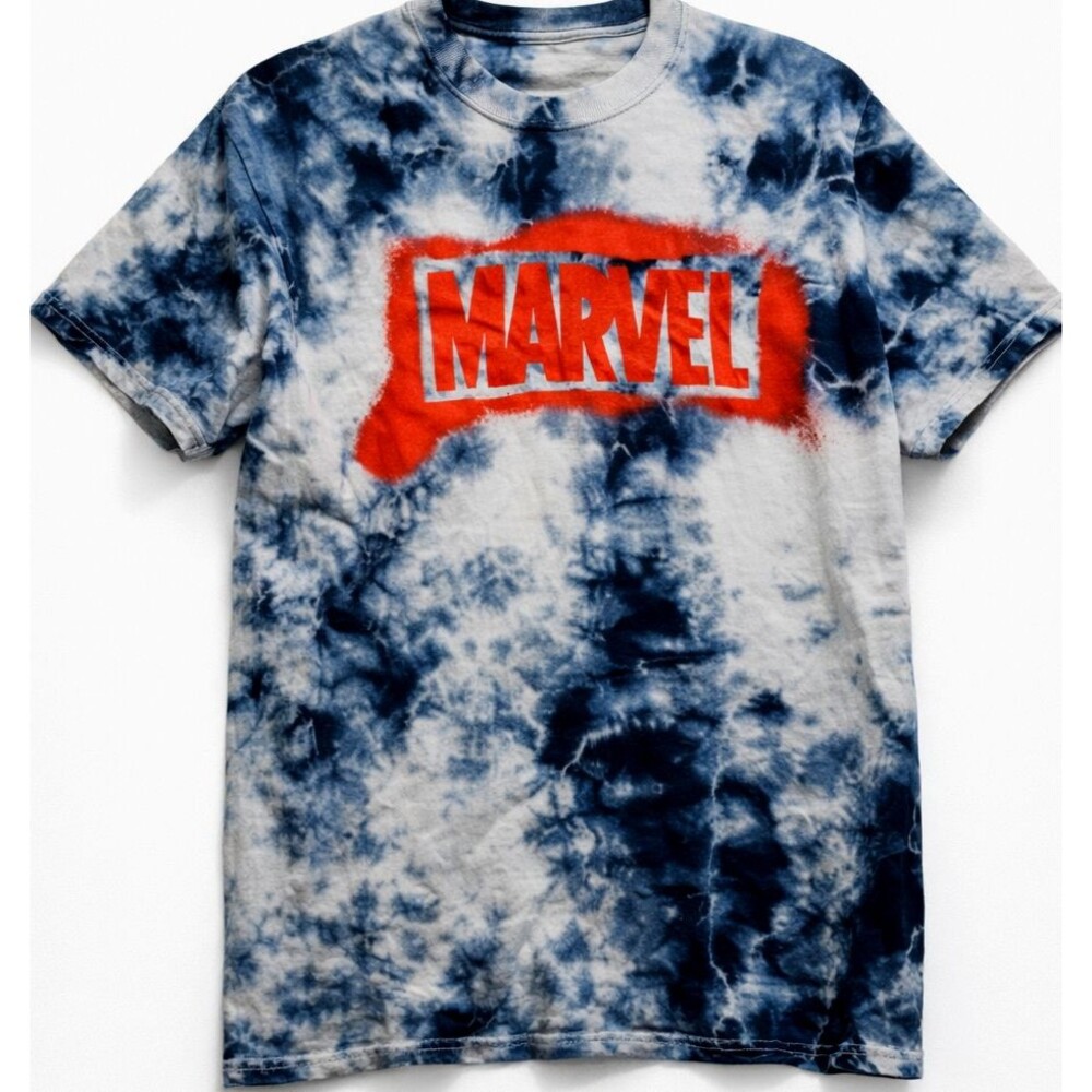 Marvel Tie Dye Blue White Red Logo Comic Graphic T Shirt Mens Medium